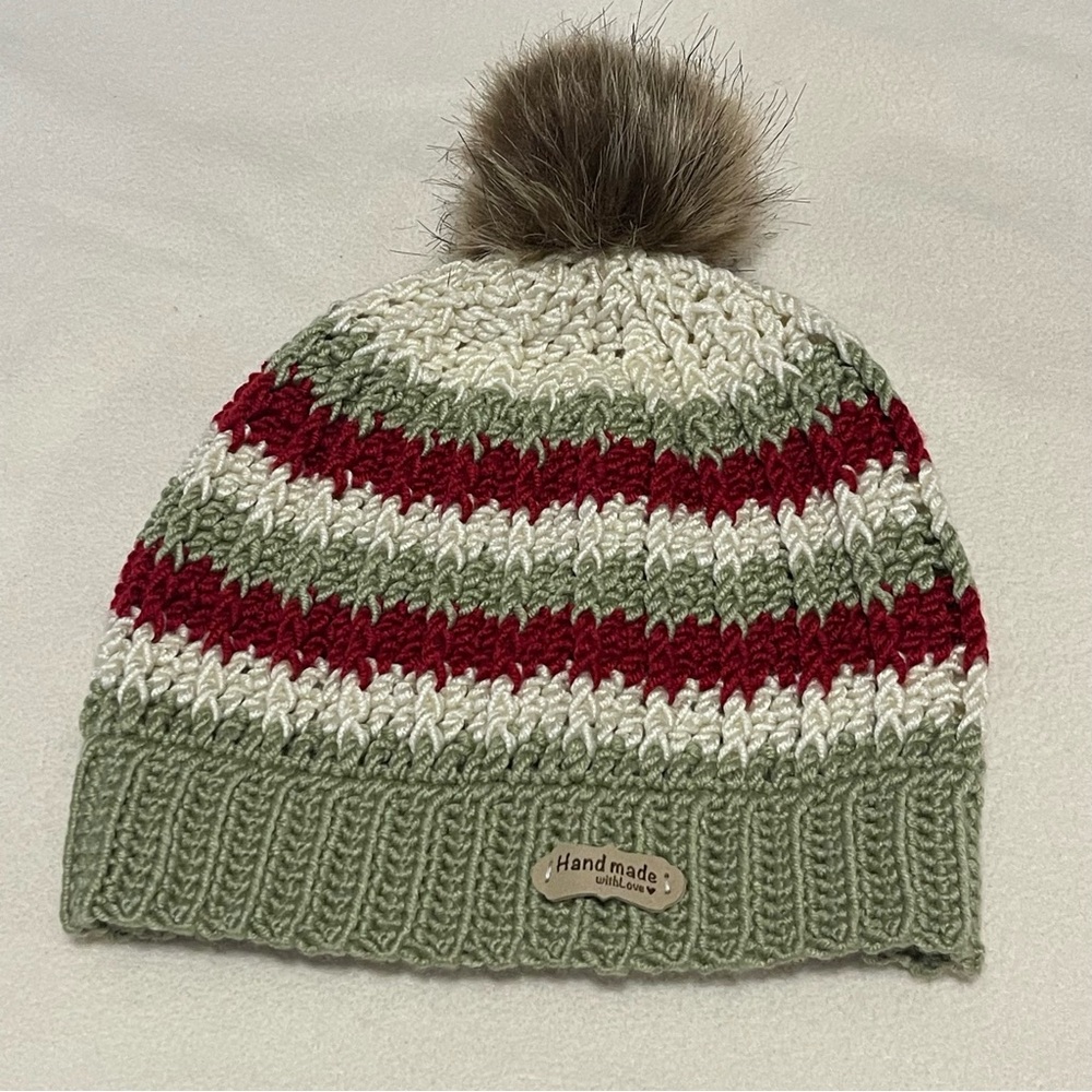 Handmade crochet Striped Beanie with Pom-Pom - Red, Green, and White